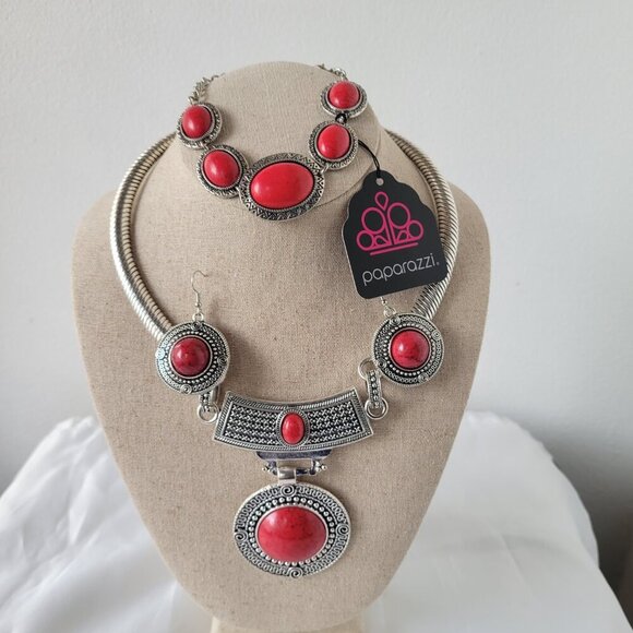 NWT - Boho Vintage Tribal Red Stone Necklace, Earrings & Bracelet Jewelry Set - Picture 2 of 12